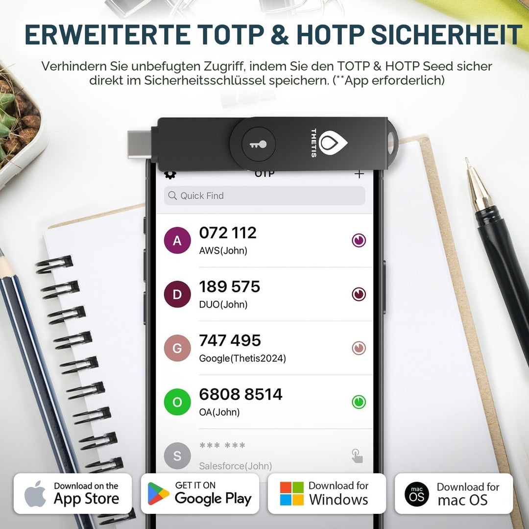 Thetis Pro-C FIDO2-Sicherheitsschlüssel-Passkey-Gerät mit USB C und NFC, TOTP/HOTP-Authentifizierung