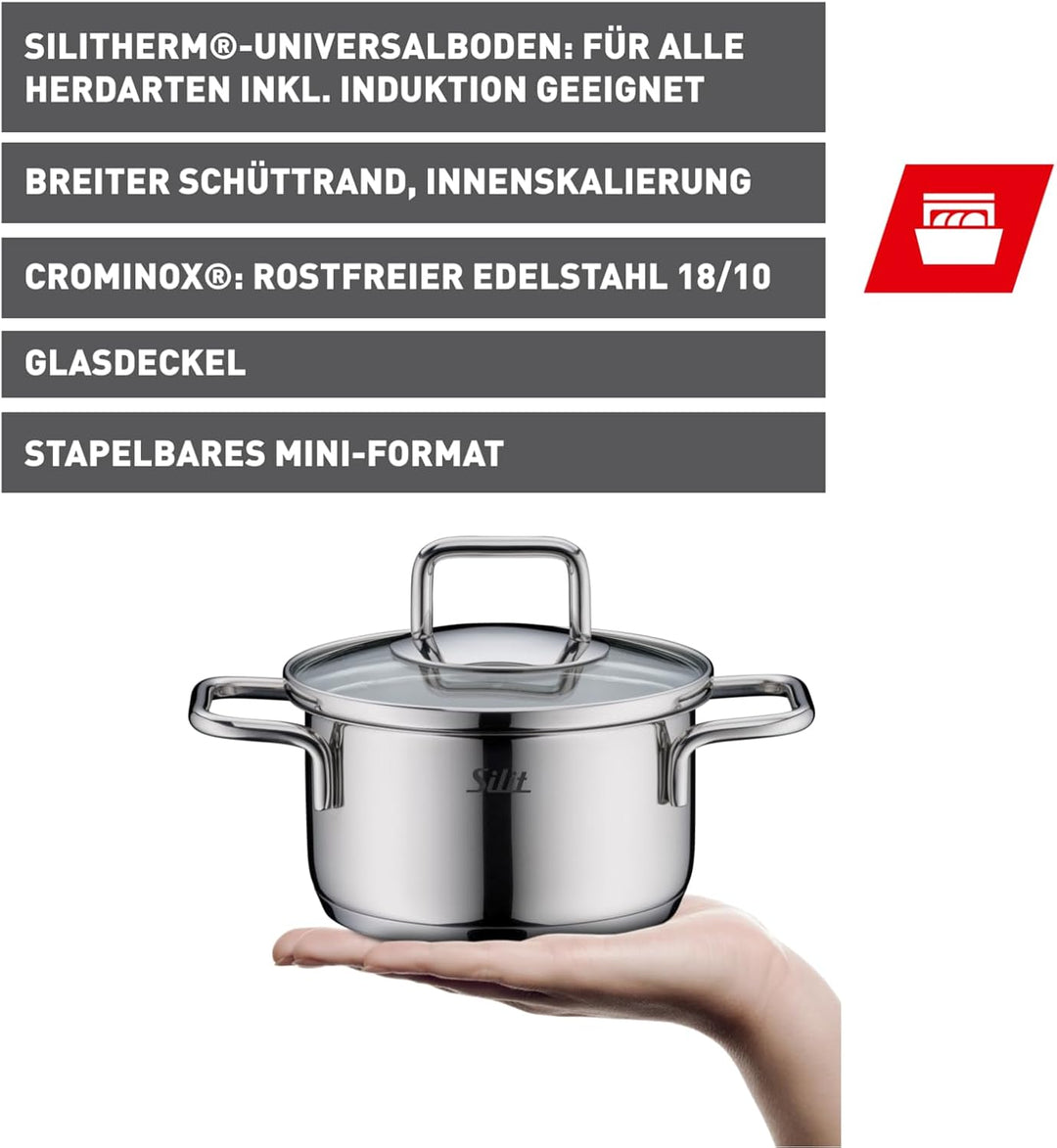 Silit Extra Cook Mini-Bratentopf 12 cm mit Glasdeckel, Innenskalierung, breiter Schüttrand, qualitat
