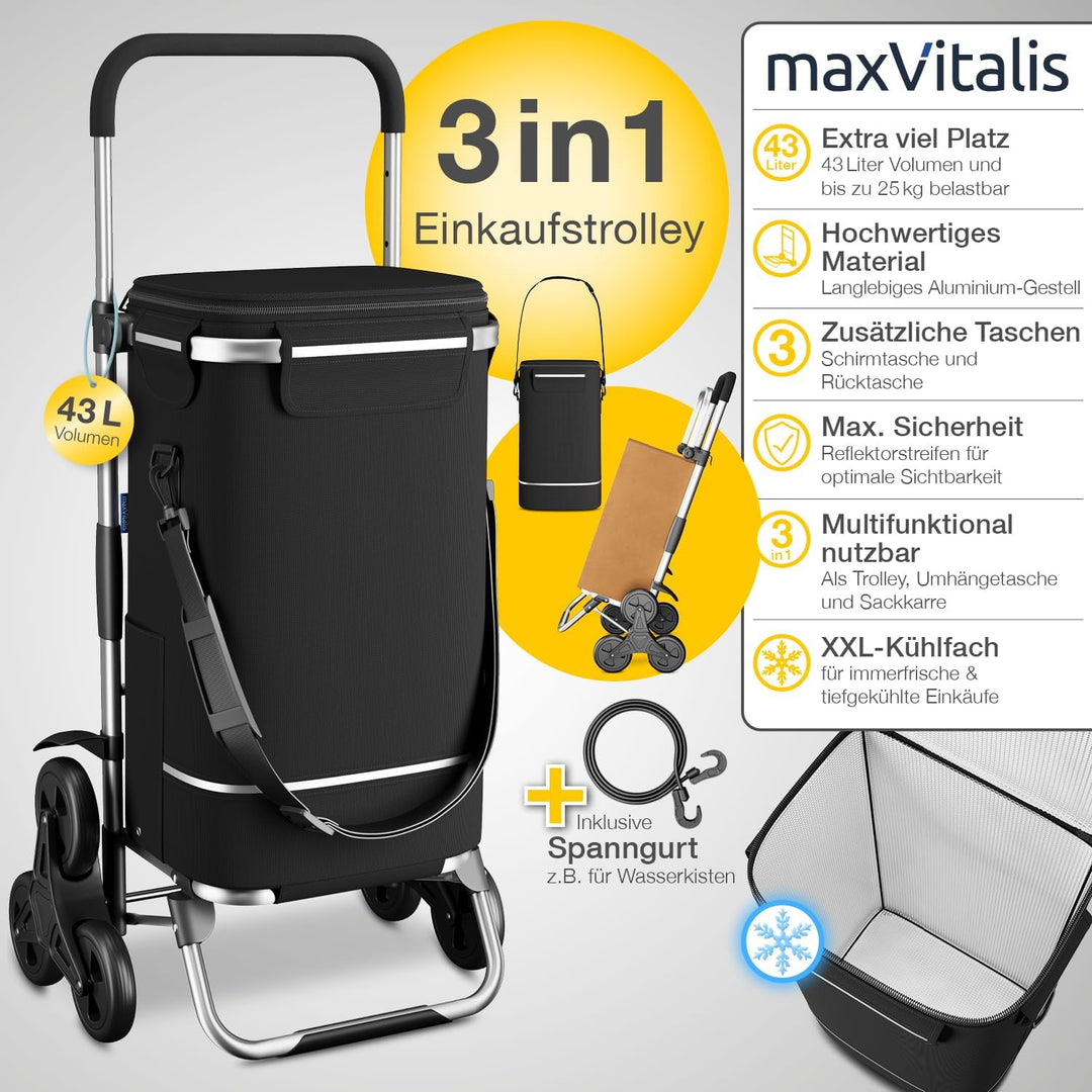 maxVitalis Einkaufstrolley Treppensteiger mit XXL Kühlfach, Einkaufsroller klappbar, Shopping Trolle