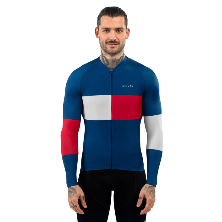 SIROKO M2 Radtrikot Herren Langarm Slim Fit Aerodynamische Fahrradbekleidung M Blau/Rot, M Blau/Rot