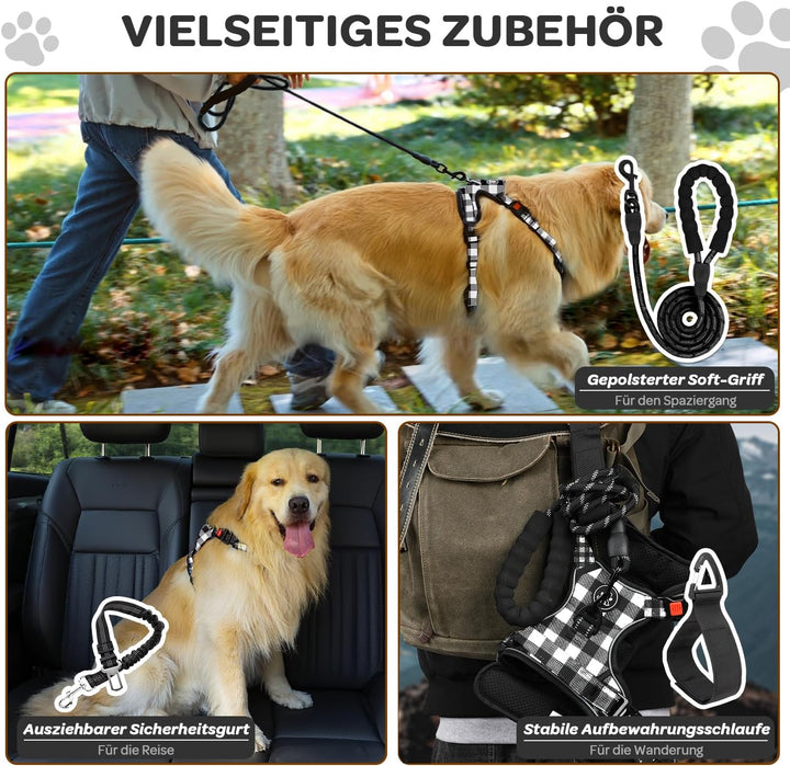 Furryfection Zugfreies Hundegeschirr Reflektierend Plaid Schwarz Grösse S | Strapazierfähiges Oxford