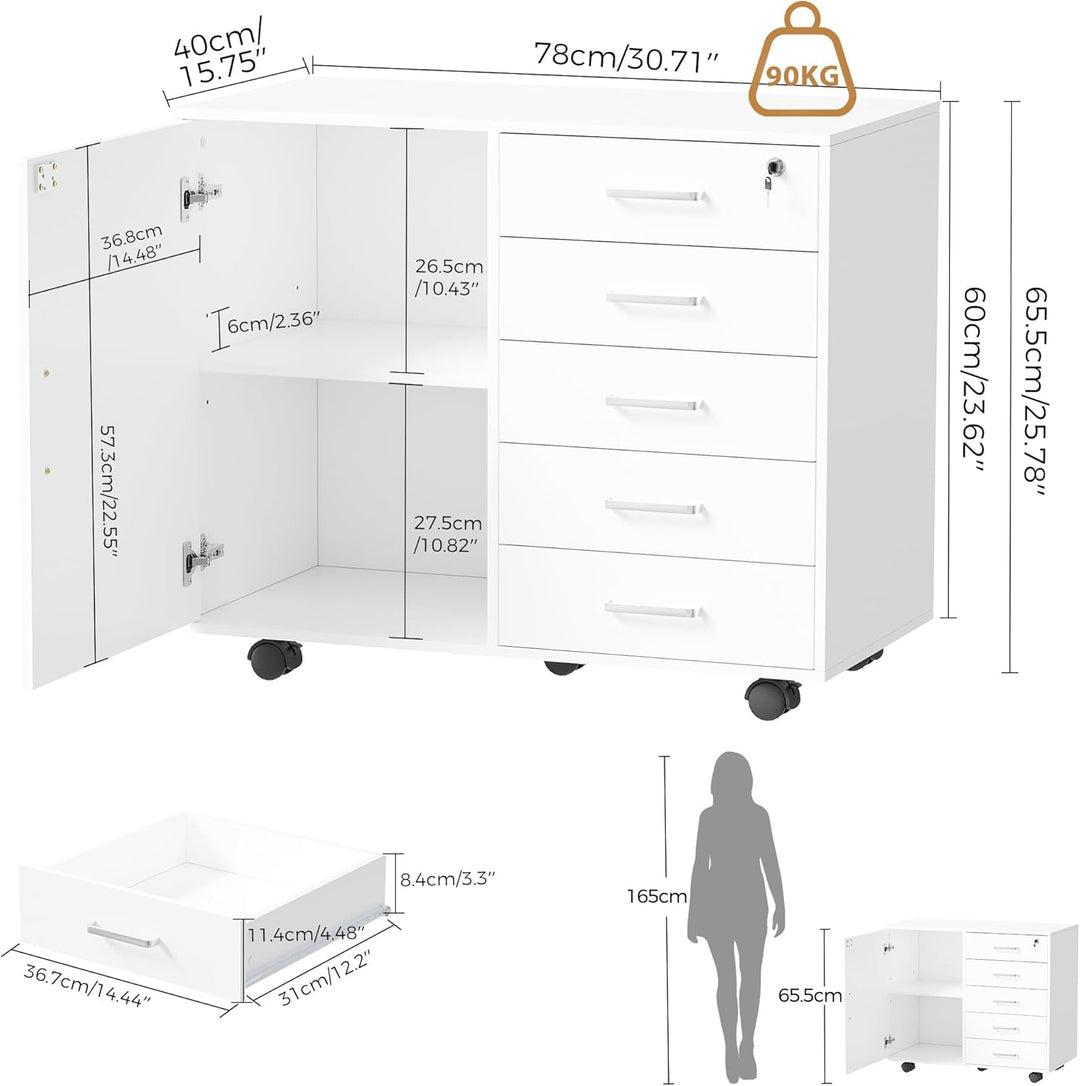 BEWISHOME Rollcontainer Schreibtisch mit 5 Schubladen, Aktenschrank Abschliessbar mit 5 Rollen, 1 Sc