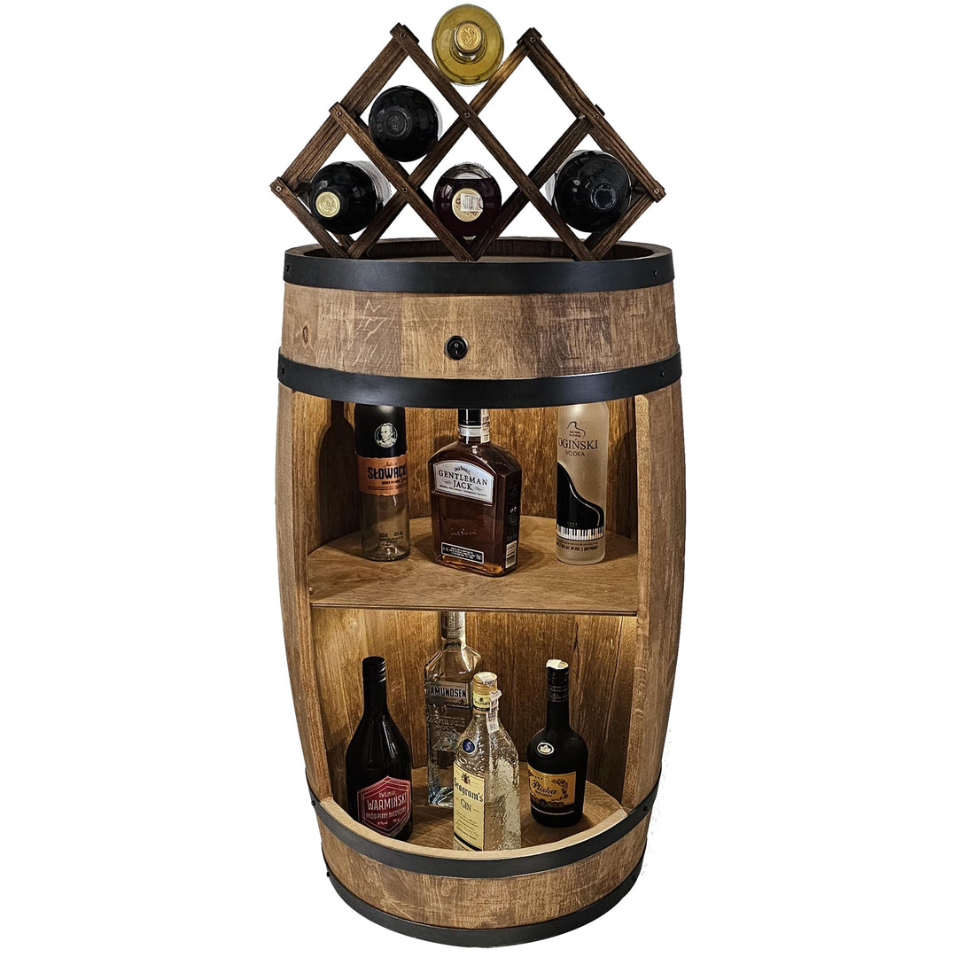 CREATIVE COOPER Fassbar LED mit Weinhalter - Weinregal - Holzfass Hausbar 80cm - Rustikaler deko Bar