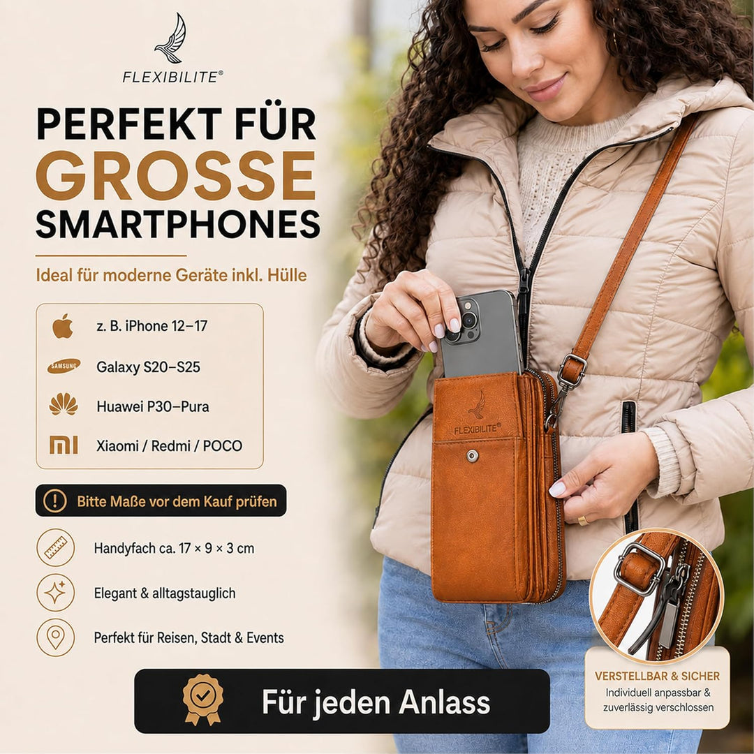 FLEXIBILITE® Handytasche zum Umhängen Braun aus echtem Leder I EXTRA leicht 220 g mit RFID I Handy P