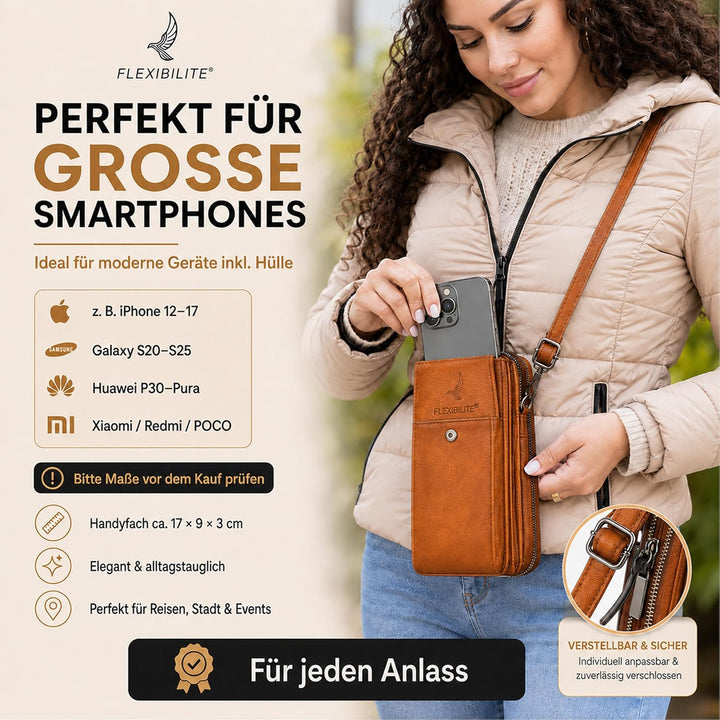 FLEXIBILITE® Handytasche zum Umhängen Braun aus echtem Leder I EXTRA leicht 220 g mit RFID I Handy P