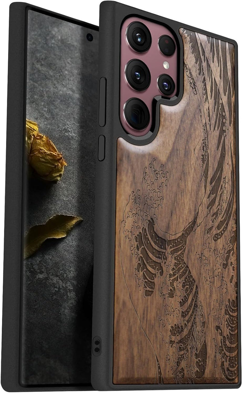 Carveit Handyhülle für Galaxy S22 Ultra Case [Holz und TPU Silikon Hybrid hülle] Stossfeste Stosssta