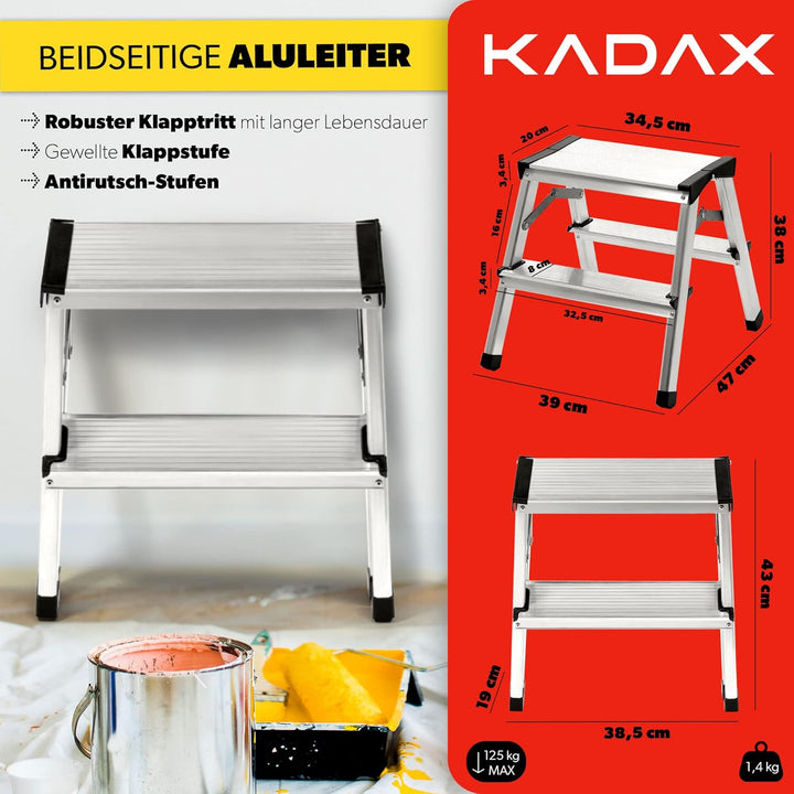 KADAX Trittleiter aus Aluminium 2 Stufen, Klapptritt bis 125kg, Stufenleiter mit Antirutschstufen, S