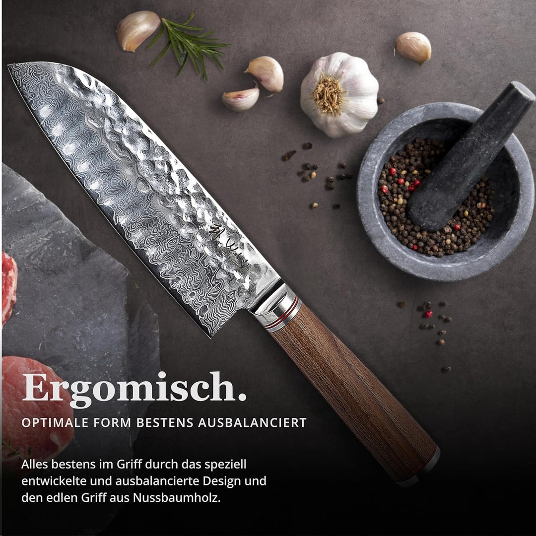 Wakoli Nussbaum Exklusives Premium Damast Santoku Messer 17,50 cm extrem scharfe Klinge I Profi Koch