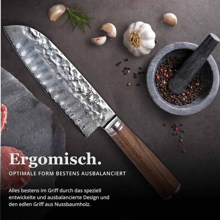 Wakoli Nussbaum Exklusives Premium Damast Santoku Messer 17,50 cm extrem scharfe Klinge I Profi Koch