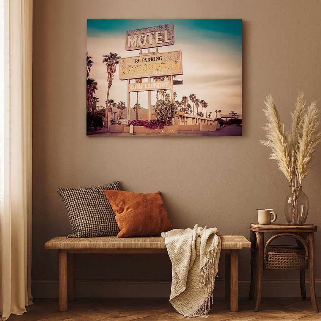 Bilder auf Leinwand 100x70cm Leinwandbild Amerika Motel Strasse Zeichen Gross Wanddeko Bild Schlafzi