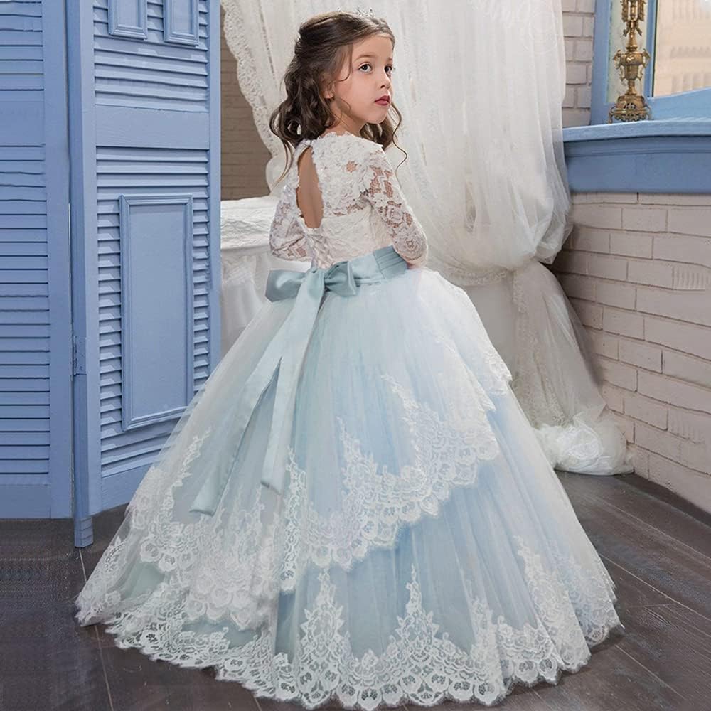 PLWEDDING Spitze Lange Ärmel Blumenmädchen Kleid Prinzessin Tüll Kleid für Kinder Erstkommunion Klei