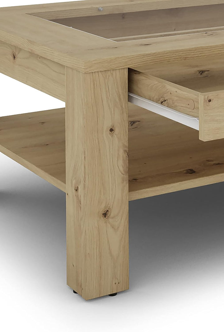 byLIVING Couchtisch RALPH/moderner Sofatisch mit Glaseinlage und grosszügiger Schublade in Eiche-Opt