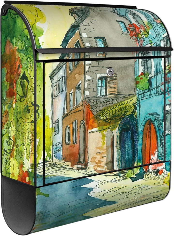 banjado® Design Briefkasten mit Motiv Historischer Stadtkern 39x47x14cm &amp; 2 Schlüssel - Briefkasten