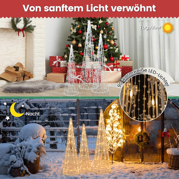 COSTWAY 3er Set LED Weihnachtsbaum in Kegelform, beleuchtete Weihnachtsdeko mit 90 warmweissen LED-L