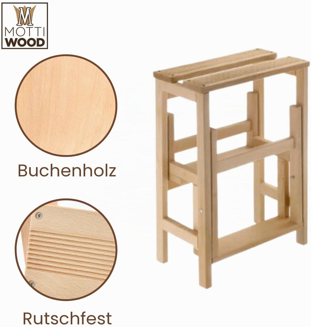 Treppenhocker mit Klappen, 3 Stufen, verschliessbar, rutschfest, platzsparend, Buchenholz, Masse: 37
