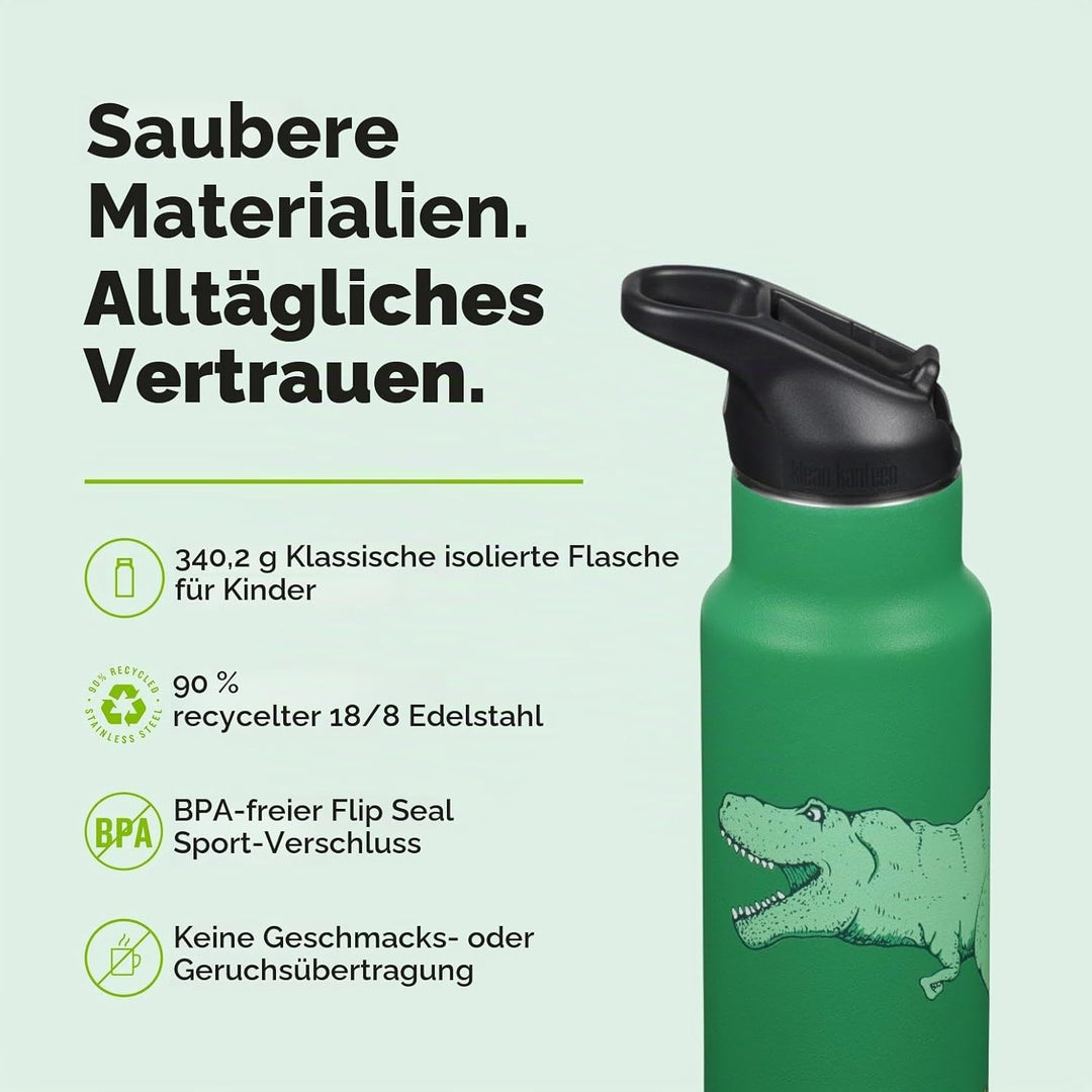 KLEAN KANTEEN Isolierte Kinderflasche, 355ml, mit Flip Sport Cap und Edelstahl-Trinkhalm, Grün/Dino