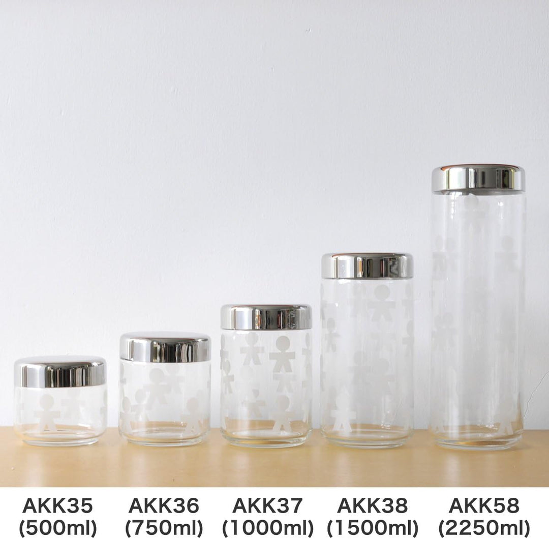 Alessi "GIROTONDO" Küchendose mit Aufdruck und abgedichtetem Deckel aus Edelstahl, B 21,6cm, H 10,5c