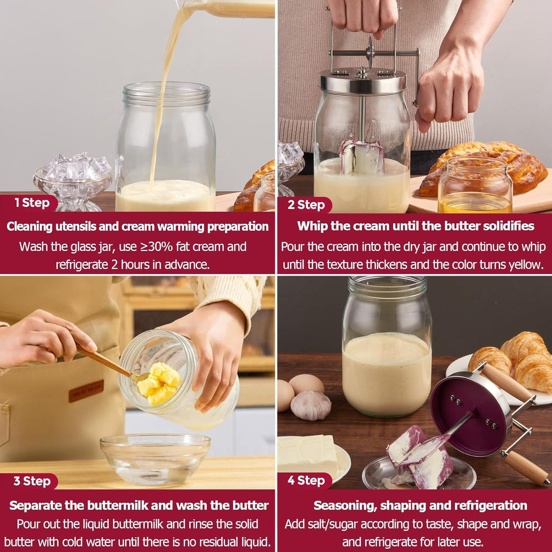 Butterfass Glas mit Handkurbel, 1,5L Butterfass Zum Butter Machen Mit Holzgriff Edelstahlgetriebe Ma
