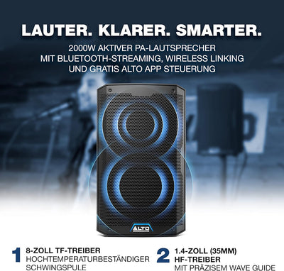 Alto Professional TS408 und TS408 Cover – 2000W 8" Aktiver PA-Lautsprecher mit 3- Kanal Mixer, Bluet