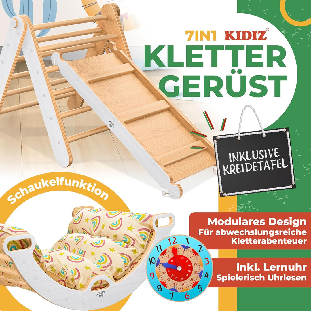 Kidiz® Klettergerüst Montessori 7in1 Spiel-Set mit Kletterbogen Rutsche Kletterdreieck aus Holz inkl