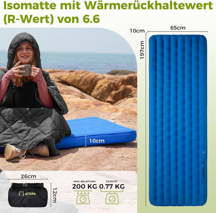 ATEPA ThermAir Pro Isomatte Ultraleicht für Camping &amp; Backpacking, 6.6 R-Wert Isolierte Luftmatte mi