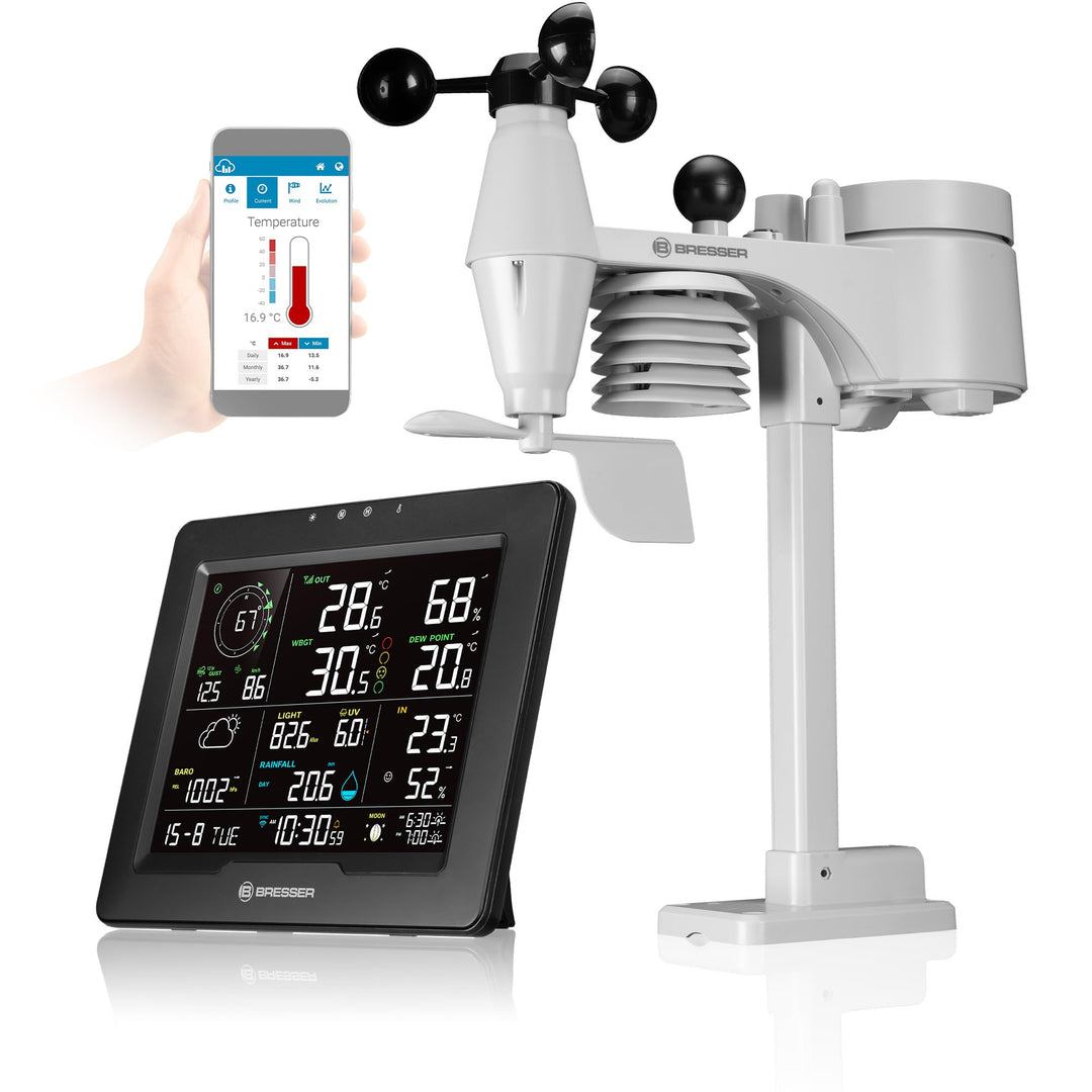 Bresser WLAN Wetterstation 8-in-1 mit Aussensensor, WBGT-Hitzestress-Index, UV, Regen, Wind, Licht,