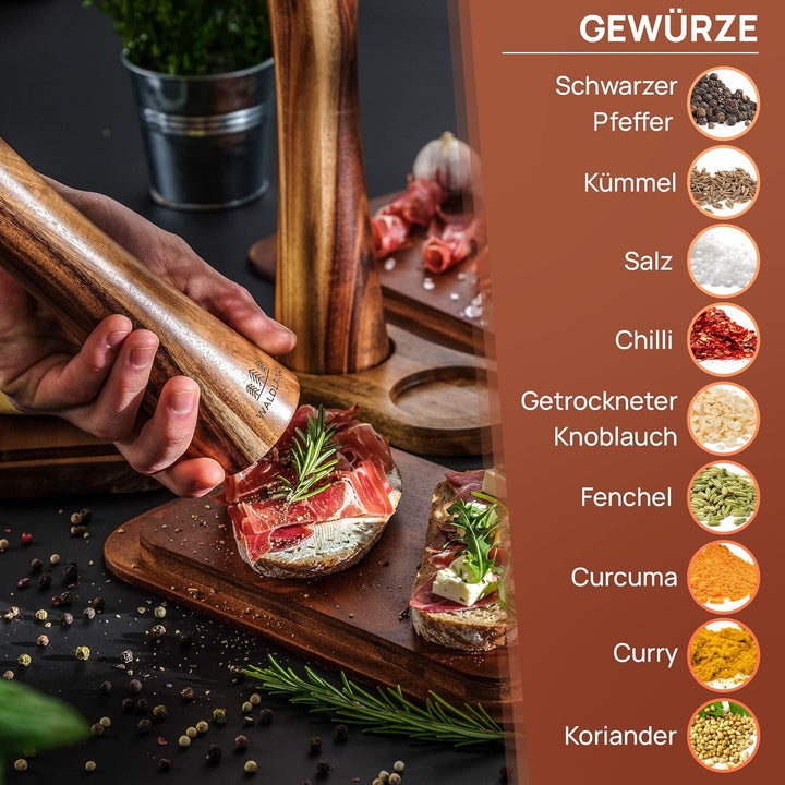 WALDLAND® Salz und Pfeffermühle aus Holz mit Untersetzer Gross (21 cm) | Gewürzmühlen mit hochleistu