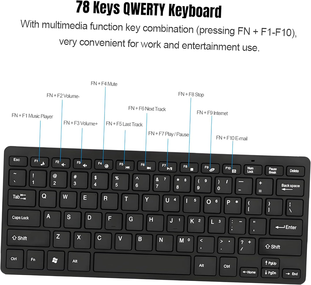 Kabelloses Tastatur Maus Set, 2.4 GHz Ultraslim QWERTY Layout Tragbare Funktastatur Mouse mit 78 Tas