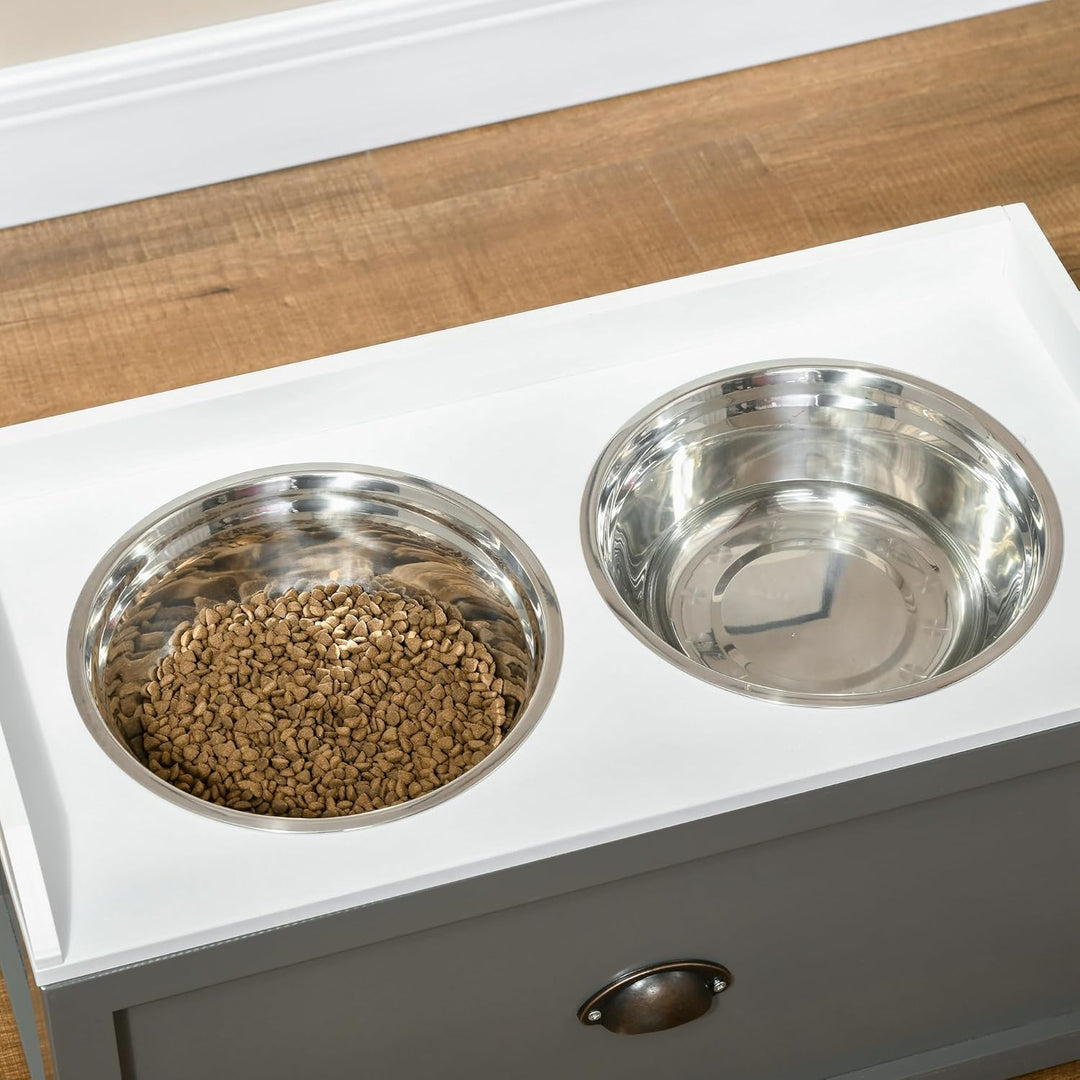 PawHut Hundenapf, 2 x 2L Futternapf, erhöhter Fressnapf mit Schublade, Edelstahlnapf, Futterstation