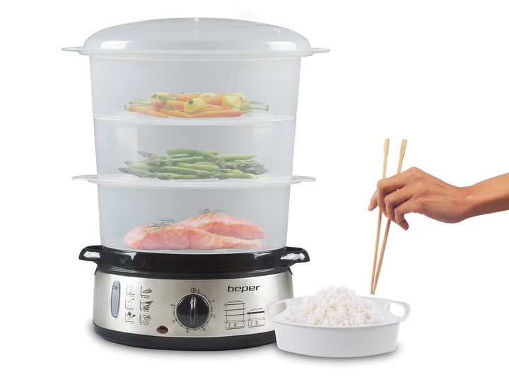 BEPER BC.250 Multi-Dampfgarer 9L, 800 W, Stahl, 3 herausnehmbare Behälter, BPA FREE, Tank 1000 ML, e