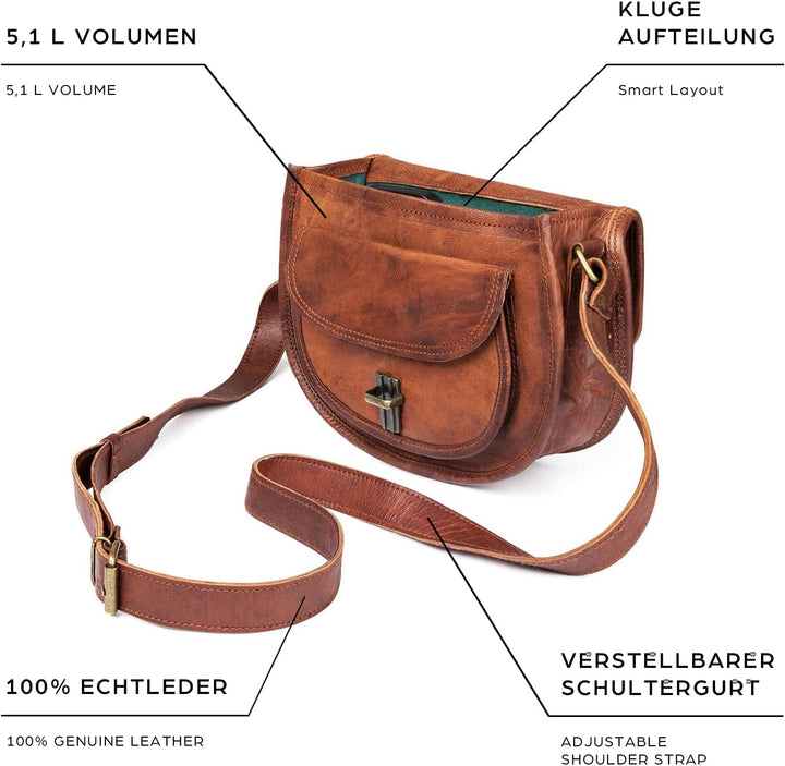 LEABAGS Leder Handtasche Damen, Vintage Cognac Premium Echtleder Umhängetasche, Damen Schultertasche