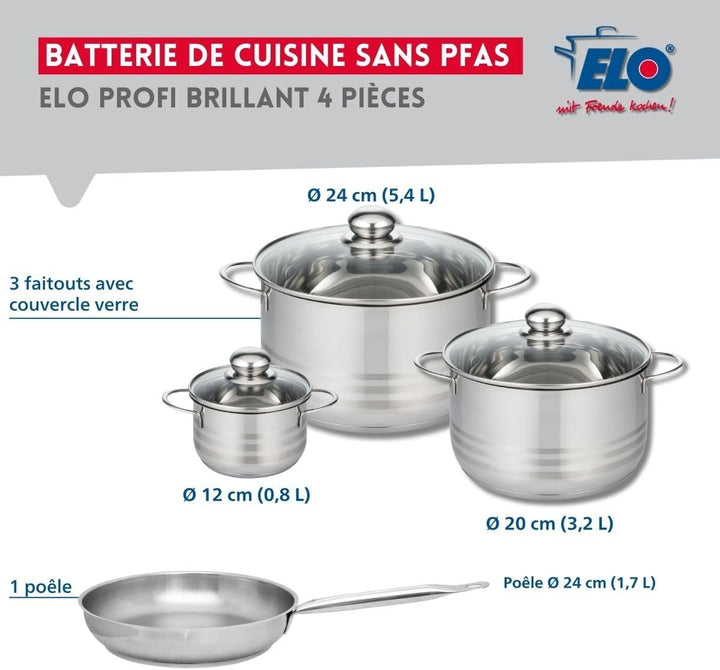 ELO 9867950 Kochgeschirr-Set, 4-teilig, 1 Bratpfanne 24 cm und 3 Kochtöpfe 12, 20 und 24 cm Elo Prof