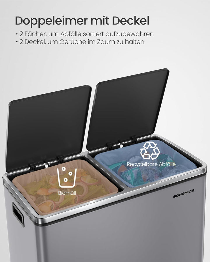 SONGMICS Mülleimer, 2 x 30 Liter, 2 Fächer, Mülltrennsystem, Treteimer, Abfalleimer Küche, 15 Müllsä