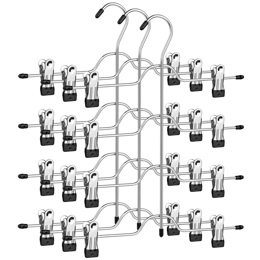 SONGMICS Hosenbügel platzsparend, Mehrfach-Rockbügel mit Clips, 3er Set, Kleiderbügel aus Metall, fü