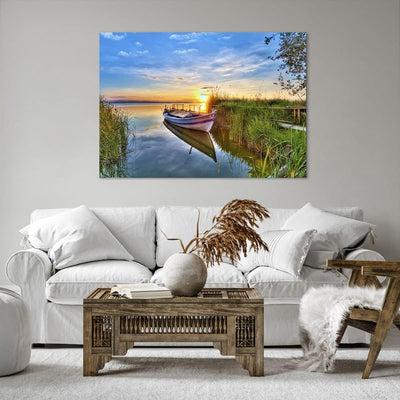 Bilder auf Leinwand 100x70cm Leinwandbild mit Rahmen See Boot Wasser Gross Wanddeko Bild Schlafzimme