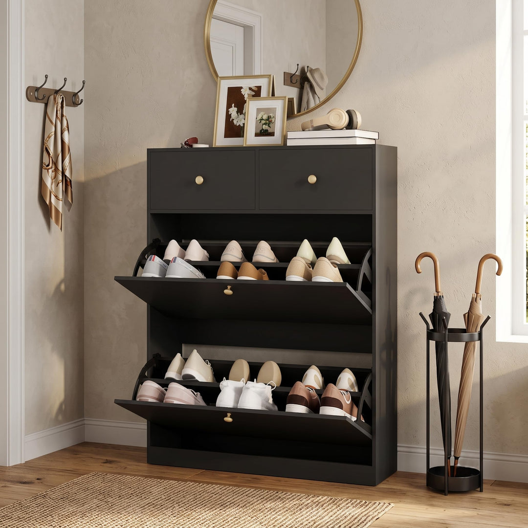 YOURLITE Schuhschrank Schmal, Schuhkipper mit 2 Klappen und 2 Schubladen, Schwarz Schuhregal, Trennw