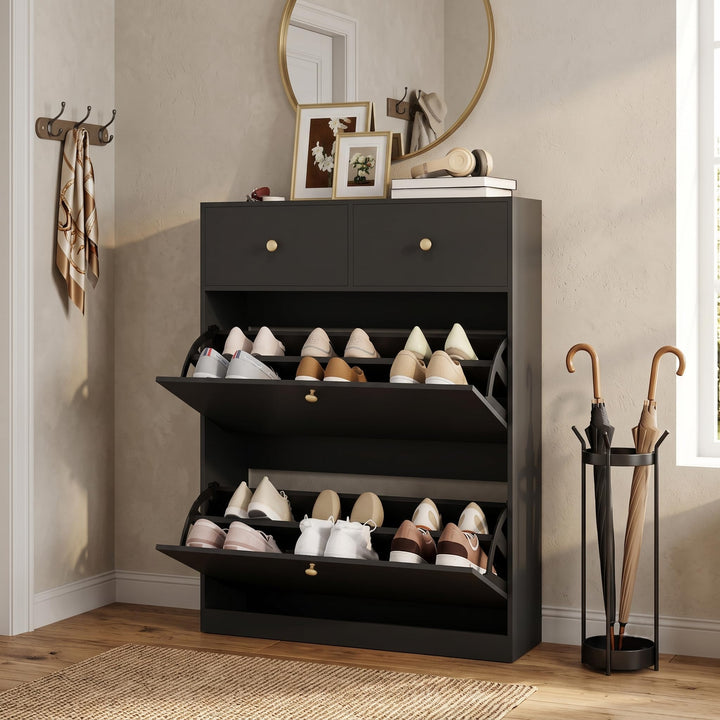 YOURLITE Schuhschrank Schmal, Schuhkipper mit 2 Klappen und 2 Schubladen, Schwarz Schuhregal, Trennw