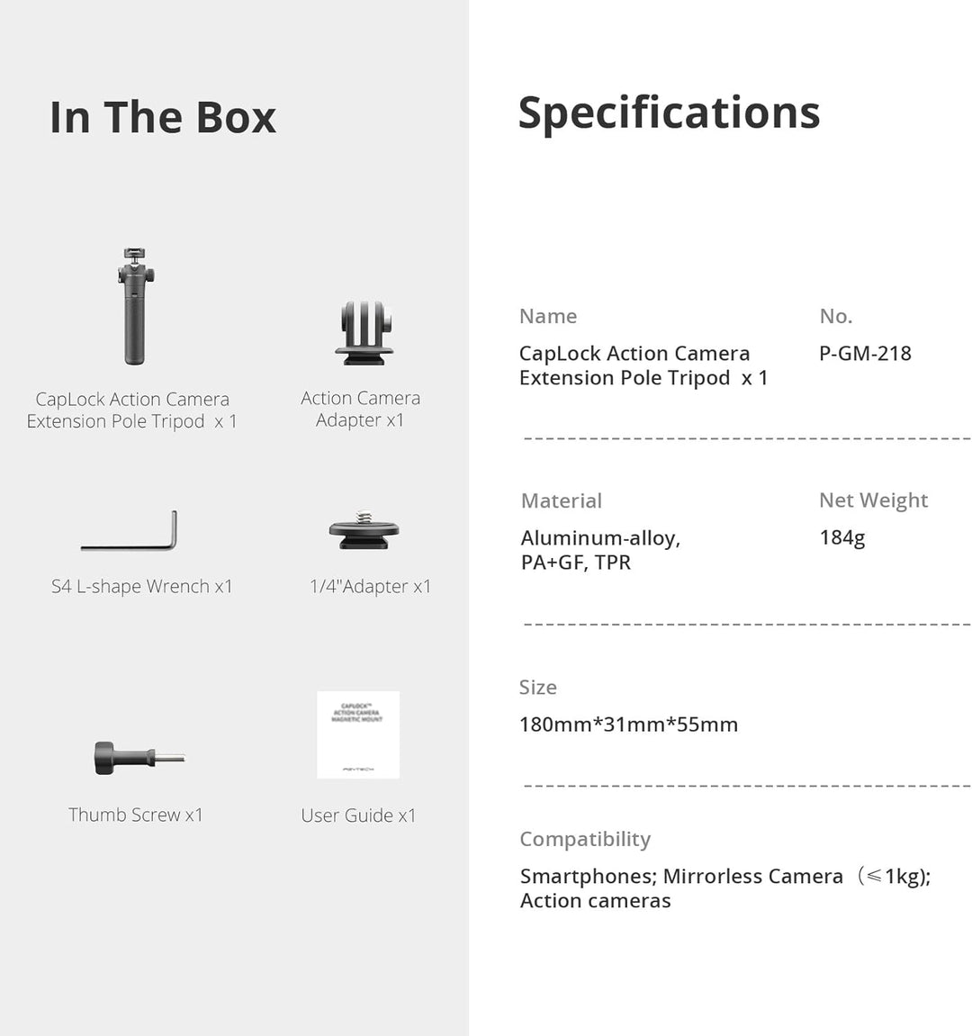 PGYTECH CapLock Verlängerungsstativ Mini Stativ für OSMO Action 5 Pro/4/3/2/Pocket 3/2, Selfie Stick