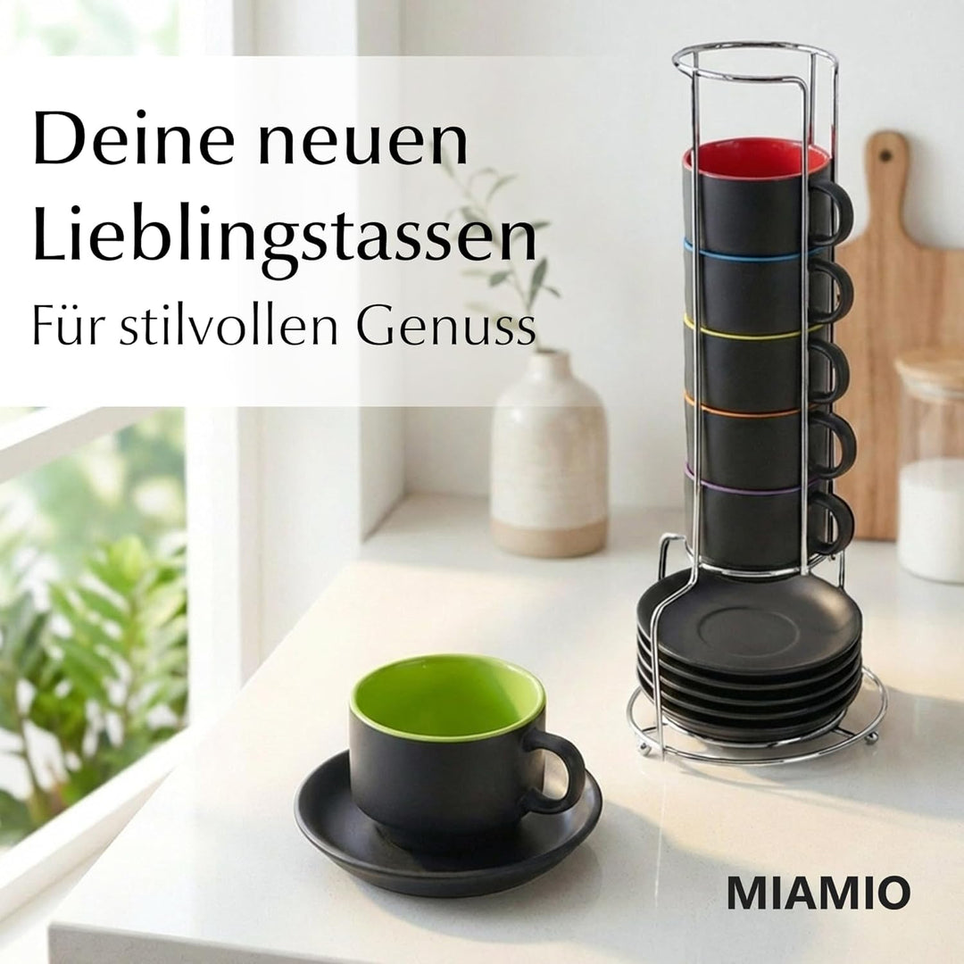 MIAMIO - 6 x 75 ml Espressotassen Set/Espresso Tassen Set mit Untertasse & Ständer - Kaffeetassen Se