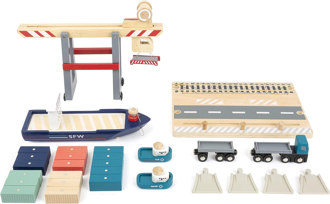 small foot Containerterminal aus Holz, mit beweglicher Containerbrücke, Schiff und Zubehör, ab 3 Jah