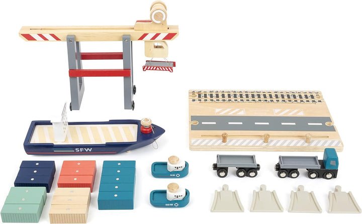 small foot Containerterminal aus Holz, mit beweglicher Containerbrücke, Schiff und Zubehör, ab 3 Jah