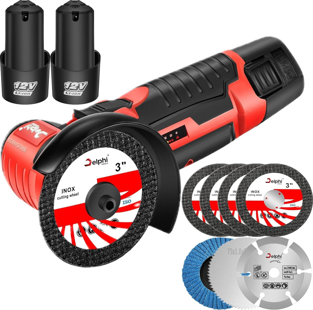 Delphi Mini Akku Winkelschleifer mit 2 Akkus und 7 Trennscheiben - Bürstenloser Mini Flex mit Zubehö