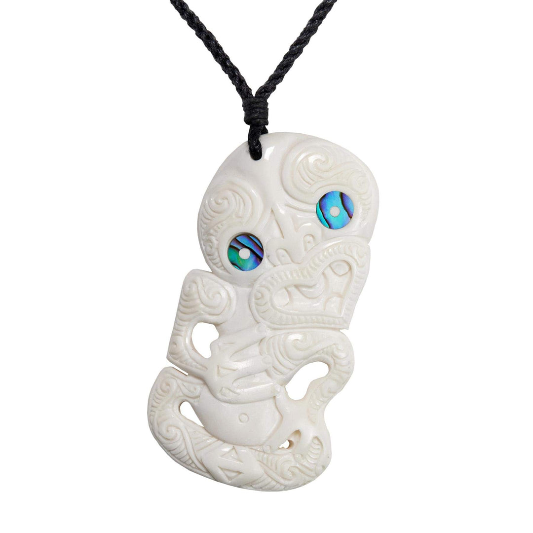 81stgeneration Unisex Geschnitzter Knochen Paua Abalone Augen Grosser HEI Tiki Anhänger Halskette