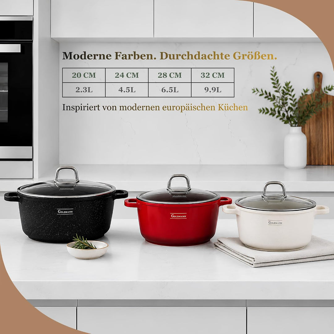 GOLDMANN Premium Gussaluminium Kochtopf 20 cm (2,3 L) – Keramik-Marmor Antihaft-Kasserolle mit Glasd