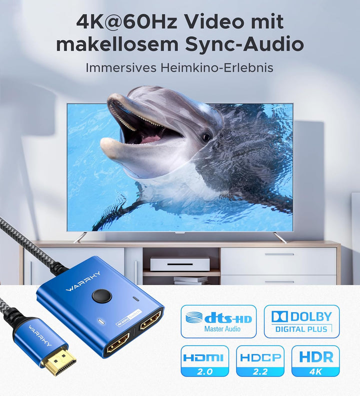 HDMI Switch 4K @ 60Hz, WARRKY HDMI Splitter 2 in 1 Out (1 Display at Time) 3.3 ft Braided Cable, Alu