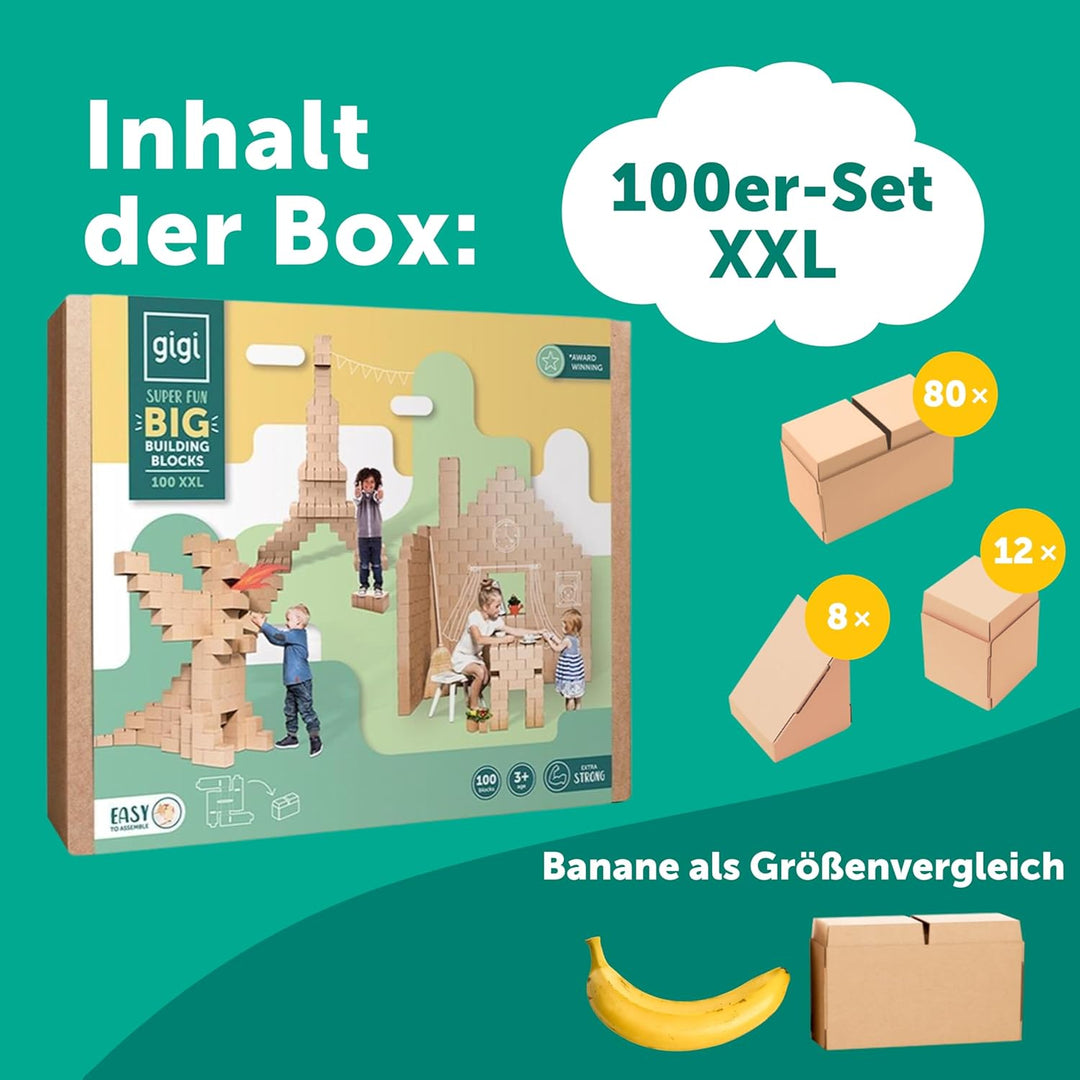 Gigi Bloks Karton grosse bausteine XXL für Kinder - 100 Ineinandergreifende und Stapelbare Bauklötze