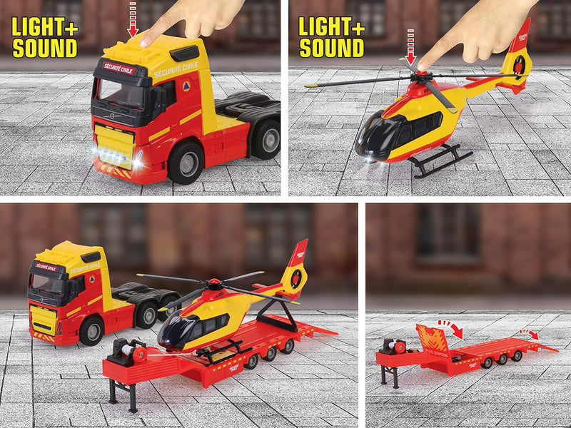 Majorette - Grand Series – Volvo LKW + Polizei-Hubschrauber – 35 cm (Massstab 1:43) – Sound und Lich