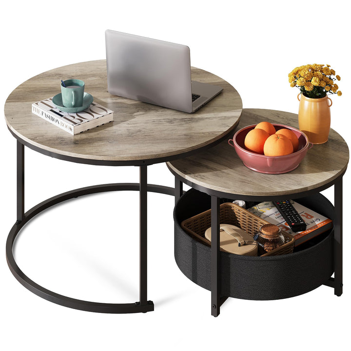 WLIVE Runder Couchtisch 2er Set, Moderne Wohnzimmertisch Rund, Beistelltisch mit Korb aus Stoff, 80