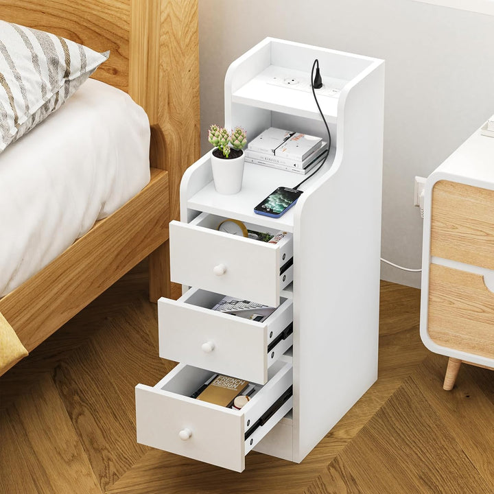 PIPIPOXER Nachttisch 2er Set mit Steckdose & USB, Schmaler Nachttisch, Nachtschrank Weiss Hochglanz