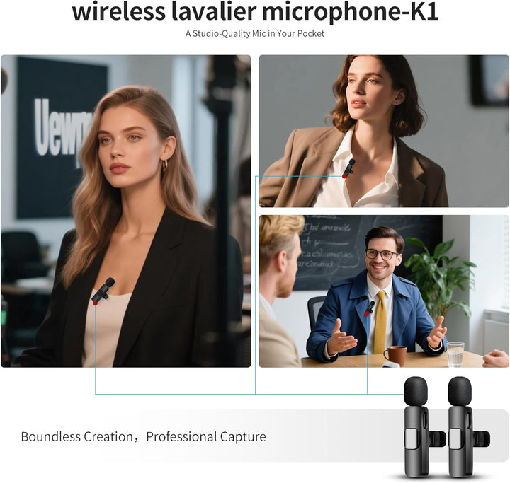 Kabelloses Lavalier-Mikrofon für iPhone iPad & Android - 2er-Pack Mini-Clip-On-Mikrofon mit Geräusch